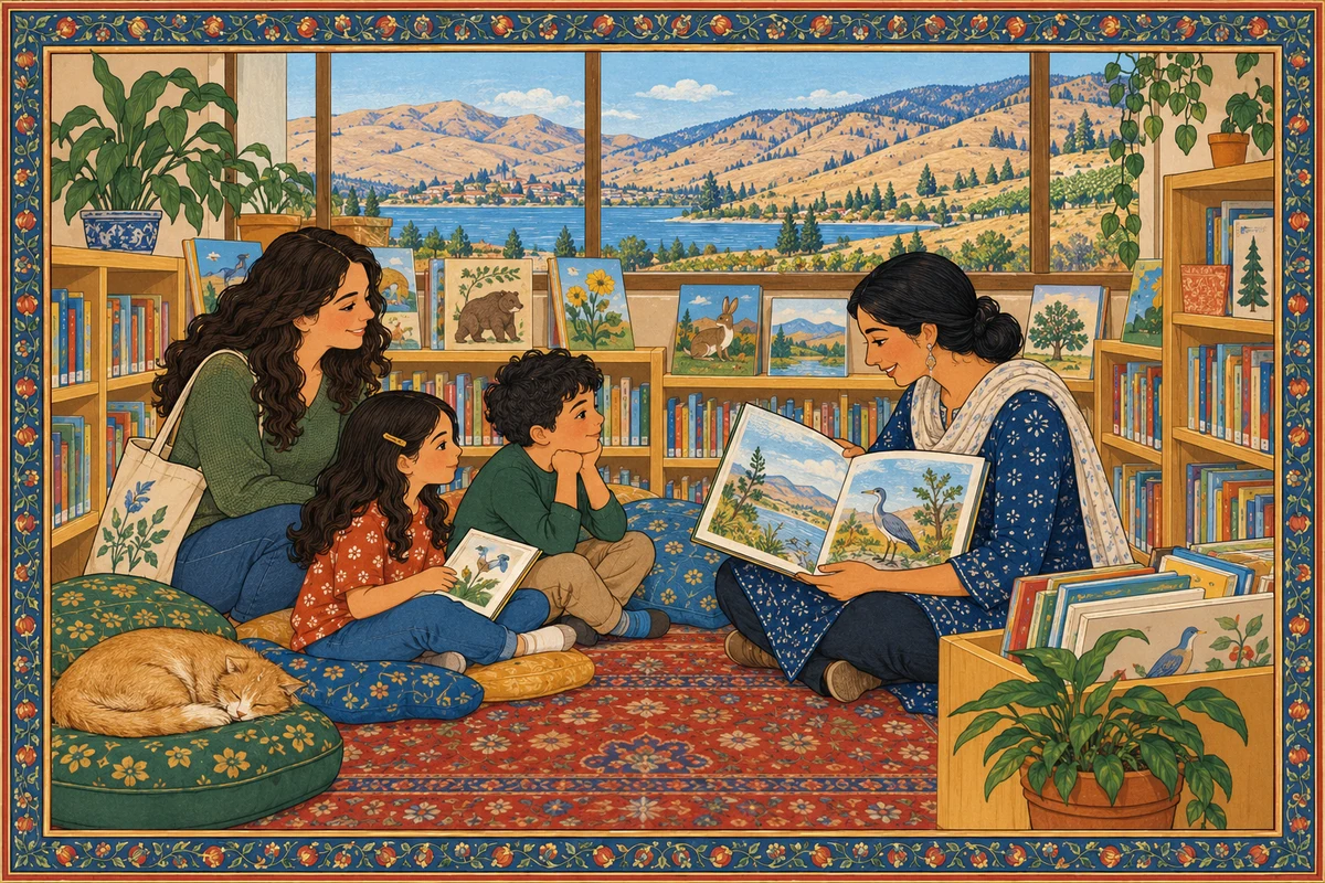 Miniature-inspired illustration of a family reading in a community library.