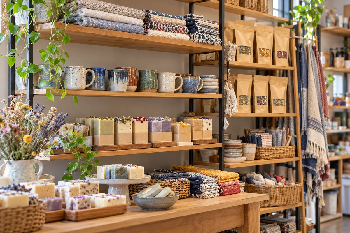 Handmade goods on a local shop display.