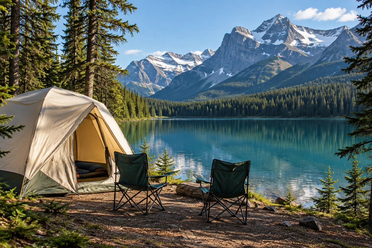 A canvas tent and folding camp chairs beside a calm forest lake.