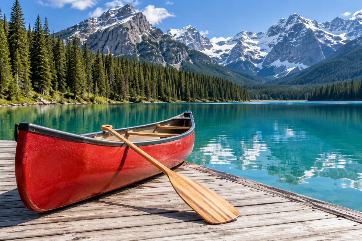 A red canoe and paddle on a dock beside a turquoise Canadian mountain lake.
