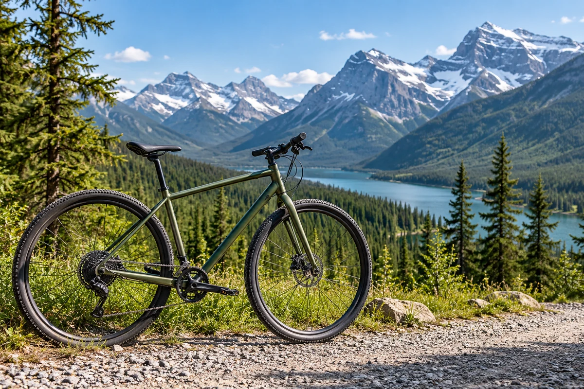 A simple bicycle beside a mountain path.