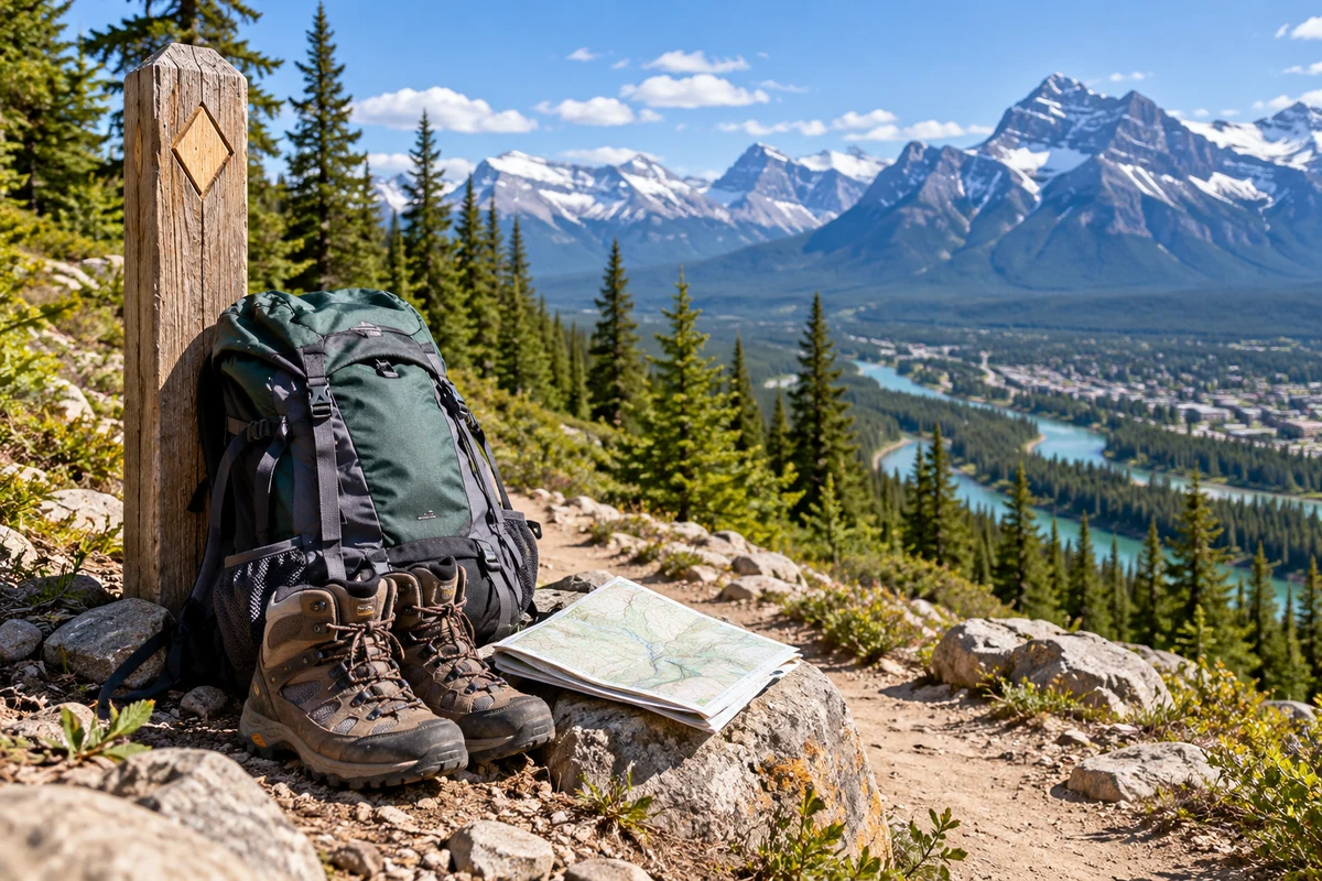 Hiking boots, backpack and folded map beside a mountain trail marker.