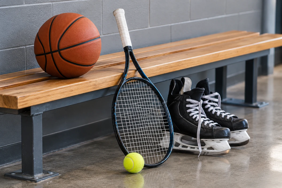 Basketball, tennis racket and skates beside a public recreation centre bench.